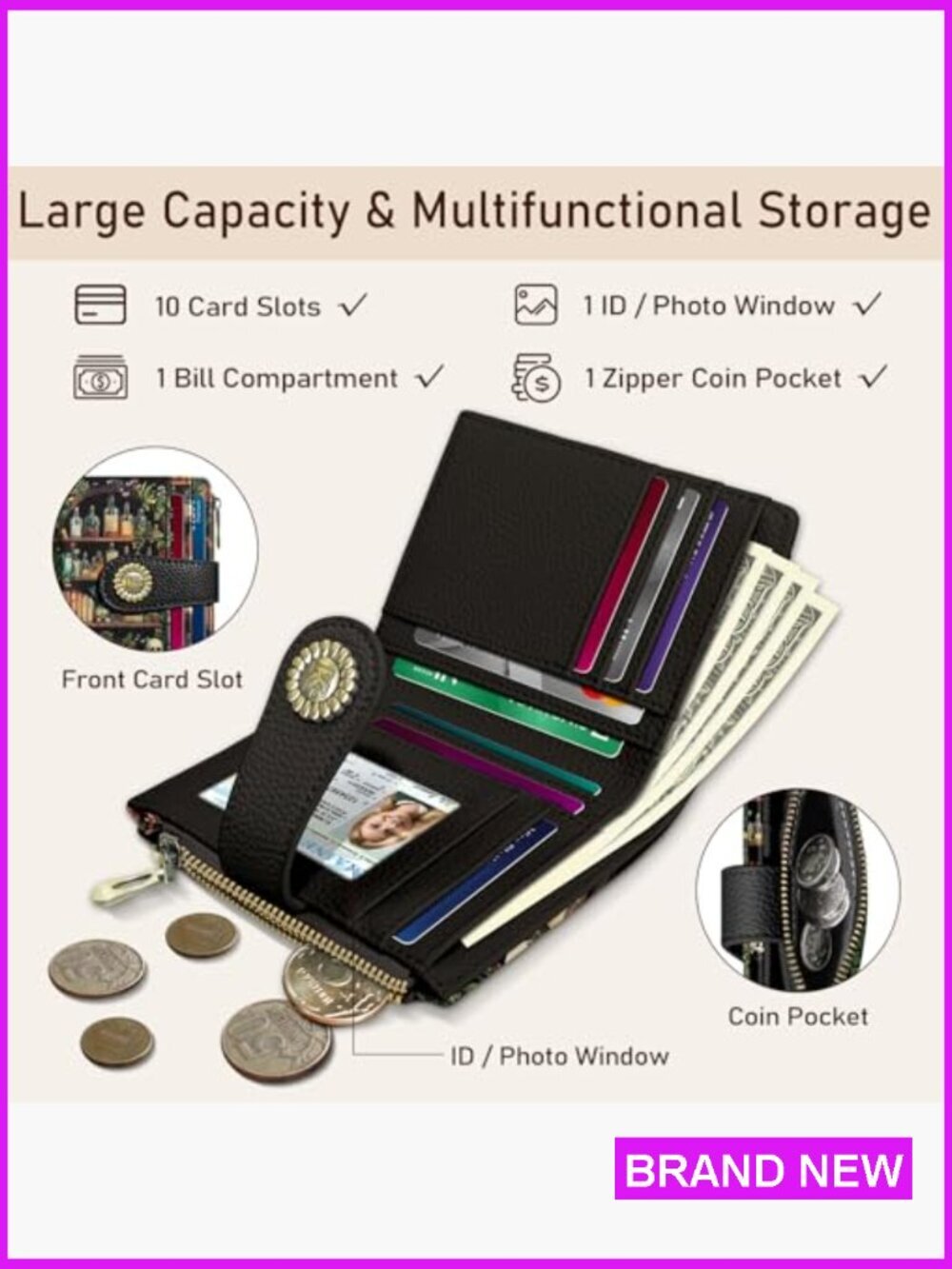 Gothic Bifold Wallet RFID Blocking Compact Travel Card Holder Zipper Coin Pocket - Picture 4 of 6